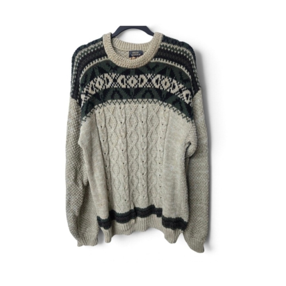 Vintage High Sierra Mens Large Ramie Cotton Cable Knit Fair Isle Sweater Beige